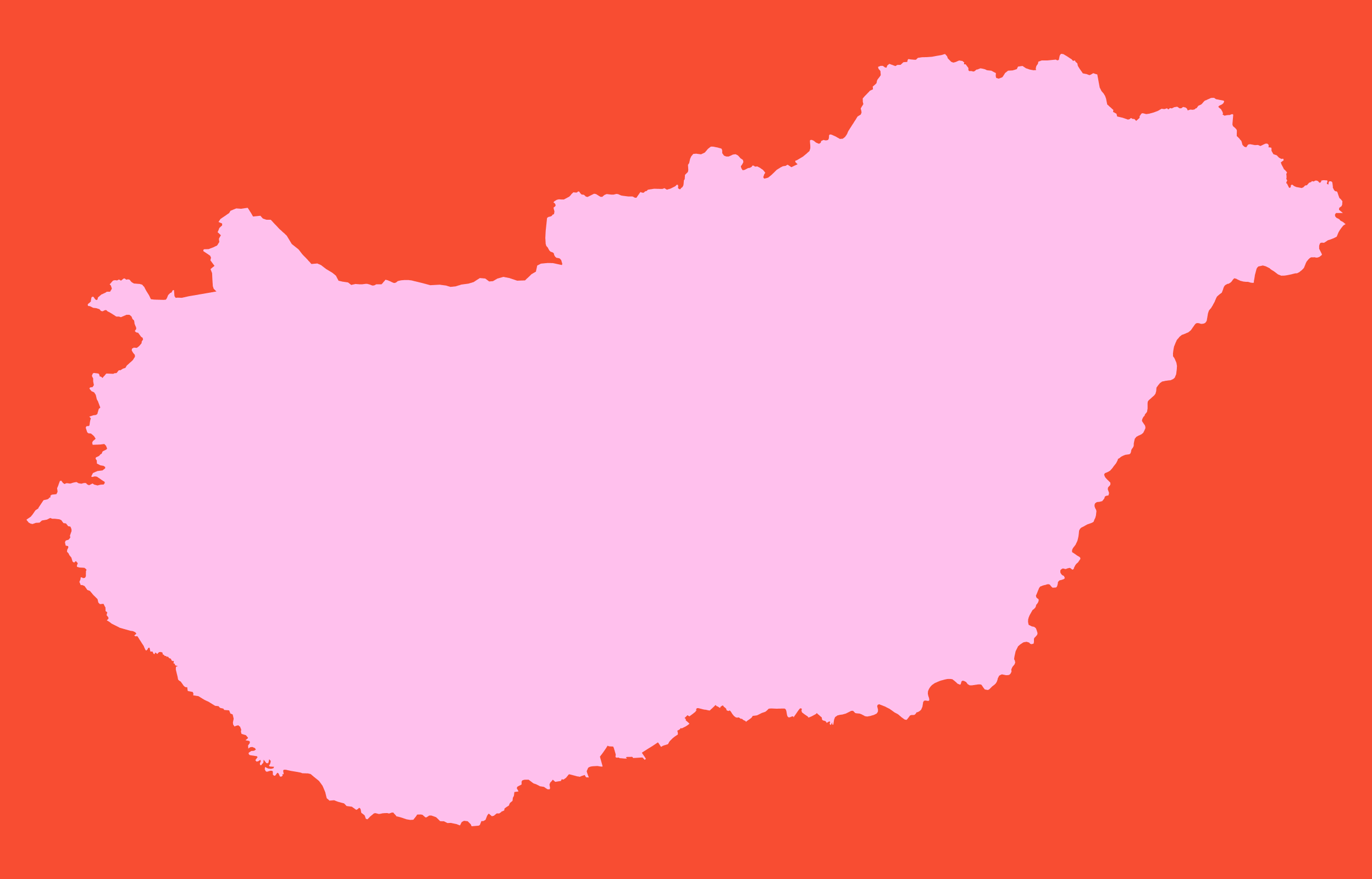 Pink outline of Hungary on a red background